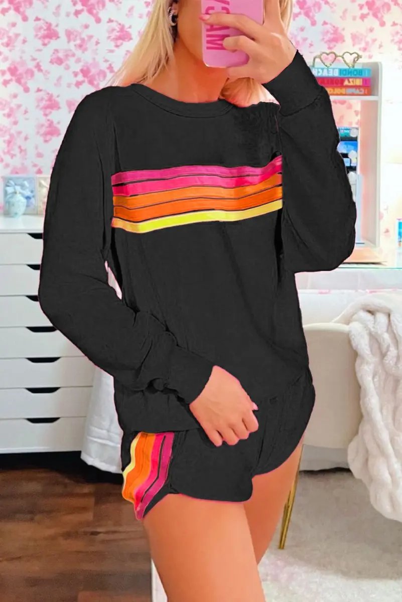 Black Striped Accent Pullover and Shorts Two Piece Set - Love Salve